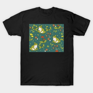 Cottagecore frogs and mushrooms and flowers on peacock green T-Shirt